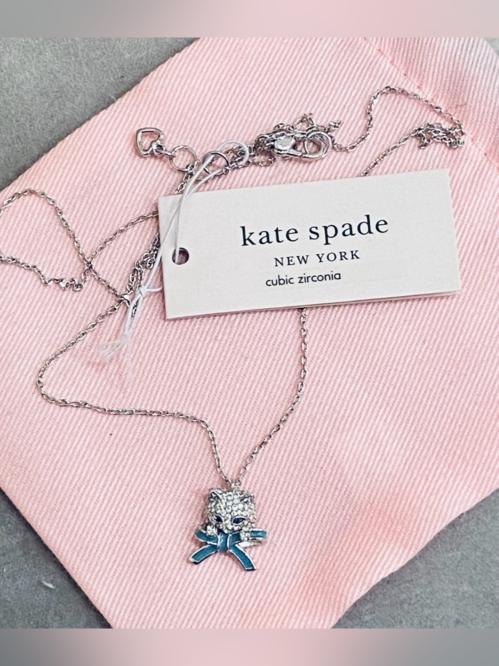 Kate Spade Silver Cat Pendant Necklace faceted pave cubic zirconia pendant NWT
